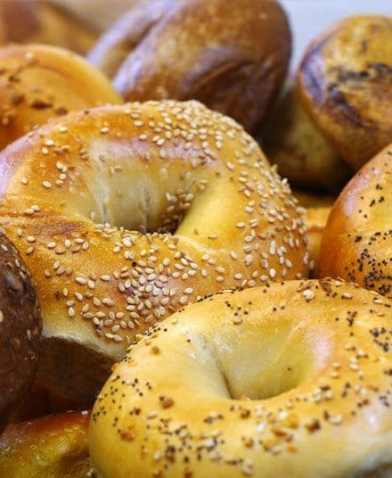 Sesame, everything and whole-wheat bagels baked fresh on premise in Secaucus, NJ