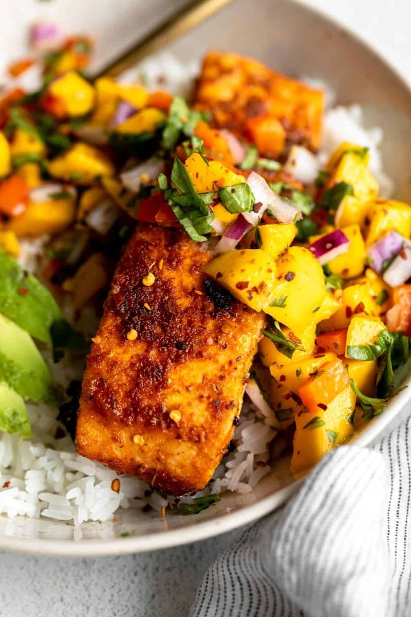 Cajun fish with fruit salsa over rice, individually packaged