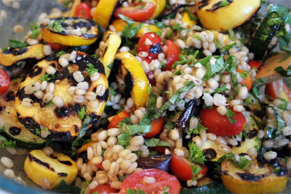 Grilled vegetable barley salad, a vegan lunch option