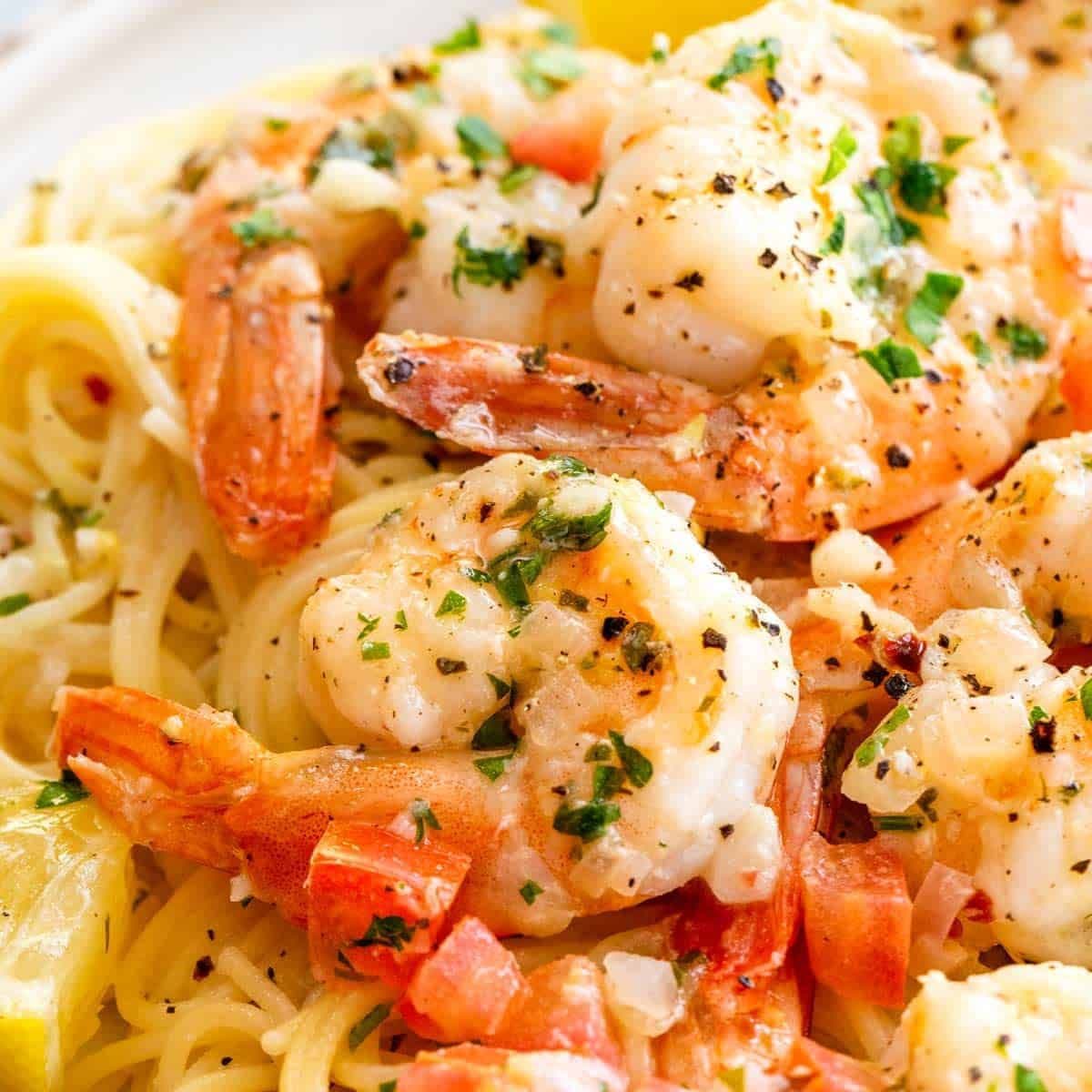 Shrimp scampi over pasta from the hot lunch menu